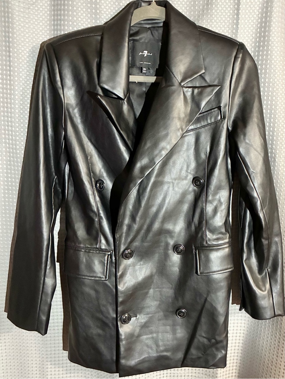 7 For All Mankind Double Breasted Long Blazer Black Faux Leather Minimalist Goth